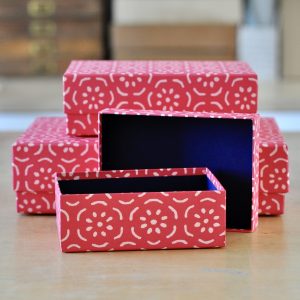 Set of three Pear Halves Permanent Rose patterned boxes