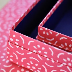 Set of three Pear Halves Permanent Rose patterned boxes