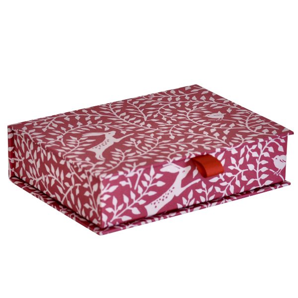 Cambridge Imprint Postcard Box covered in Dancing Hare Berry patterned paper