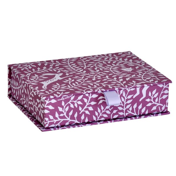 Cambridge Imprint Postcard Box covered in Dancing Hare Violet patterned paper