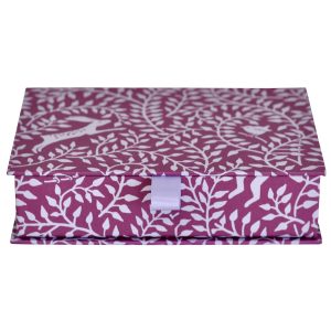 Cambridge Imprint Postcard Box covered in Dancing Hare Violet patterned paper