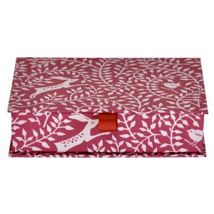 Cambridge Imprint Postcard Box covered in Dancing Hare Berry patterned paper