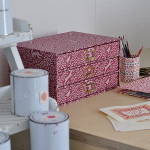 Collector's Drawers covered in Dancing Hare patterned paper