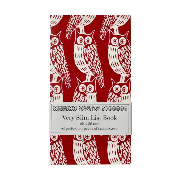 Very Slim List Book with patterned cover in Owls Cadmium Red Deep