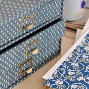 Collector's Drawers covered in Petrol Blue Little Stars patterned paper - detail