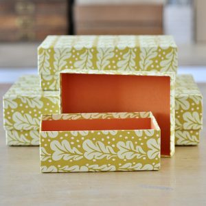 Set of three Quercus Sap Green patterned boxes