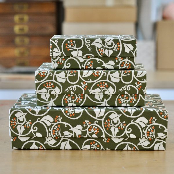 Set of three Ivy Swamp Green and Orange patterned boxes