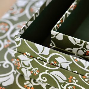 Set of three Ivy Swamp Green and Orange patterned boxes