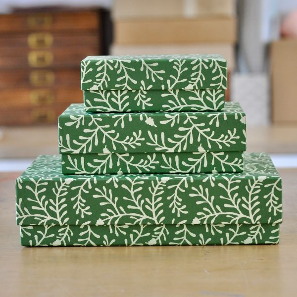 Set of three Sprig Pea Green patterned boxes