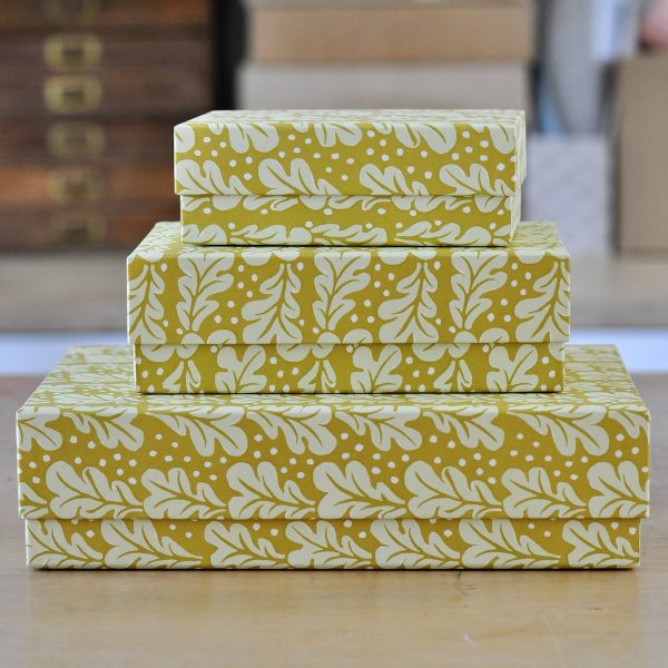 Set of three Quercus Sap Green patterned boxes