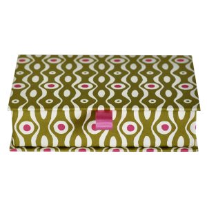 Postcard Box covered in Persephone Bright Olive and Cool Pink paper by Cambridge Imprint