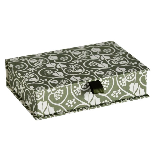 Postcard Box covered in Small Ivy Stripe Sage Green PPaper by Cambridge Imprint