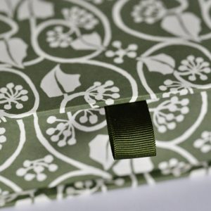 detail of Postcard Box covered in Small Ivy Stripe Sage Green PPaper by Cambridge Imprint