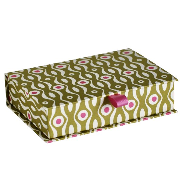 Postcard Box covered in Persephone Bright Olive and Cool Pink paper by Cambridge Imprint