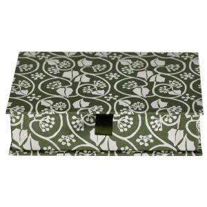 Postcard Box covered in Small Ivy Stripe Sage Green PPaper by Cambridge Imprint