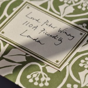 Small Ivy Stripe patterned envelope and Sage Green address label